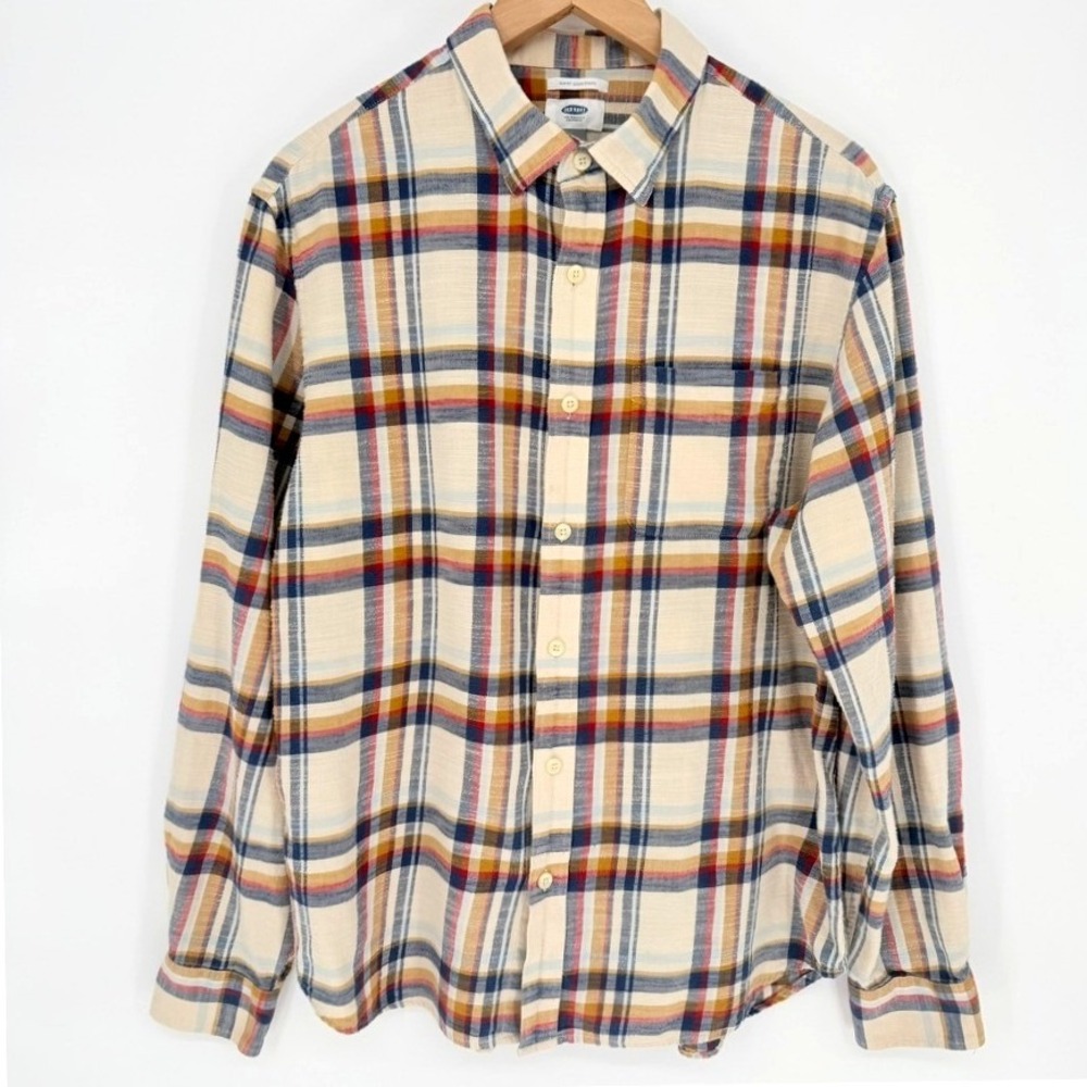 Old Navy Mens‎ Slim Fit Plaid Button Down Shirt Cream Blue Yellow L Lumberjack